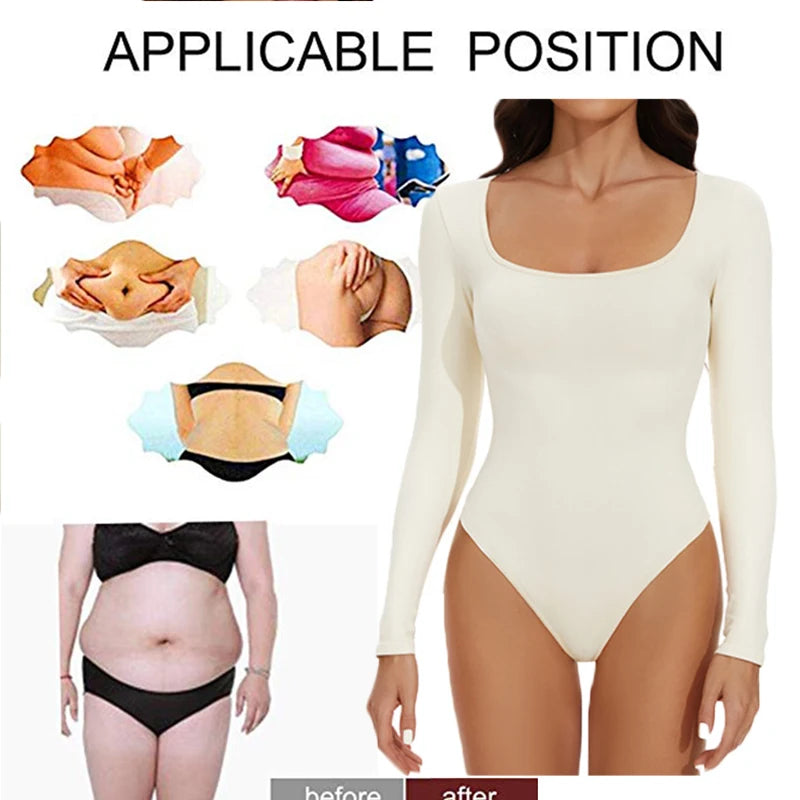 GUUDIA Spandex Elastic Body Suit Shapewear Women Body Shaper Tummy Control Long Sleeve Open Crotch Big U Neck Seamless Shapers